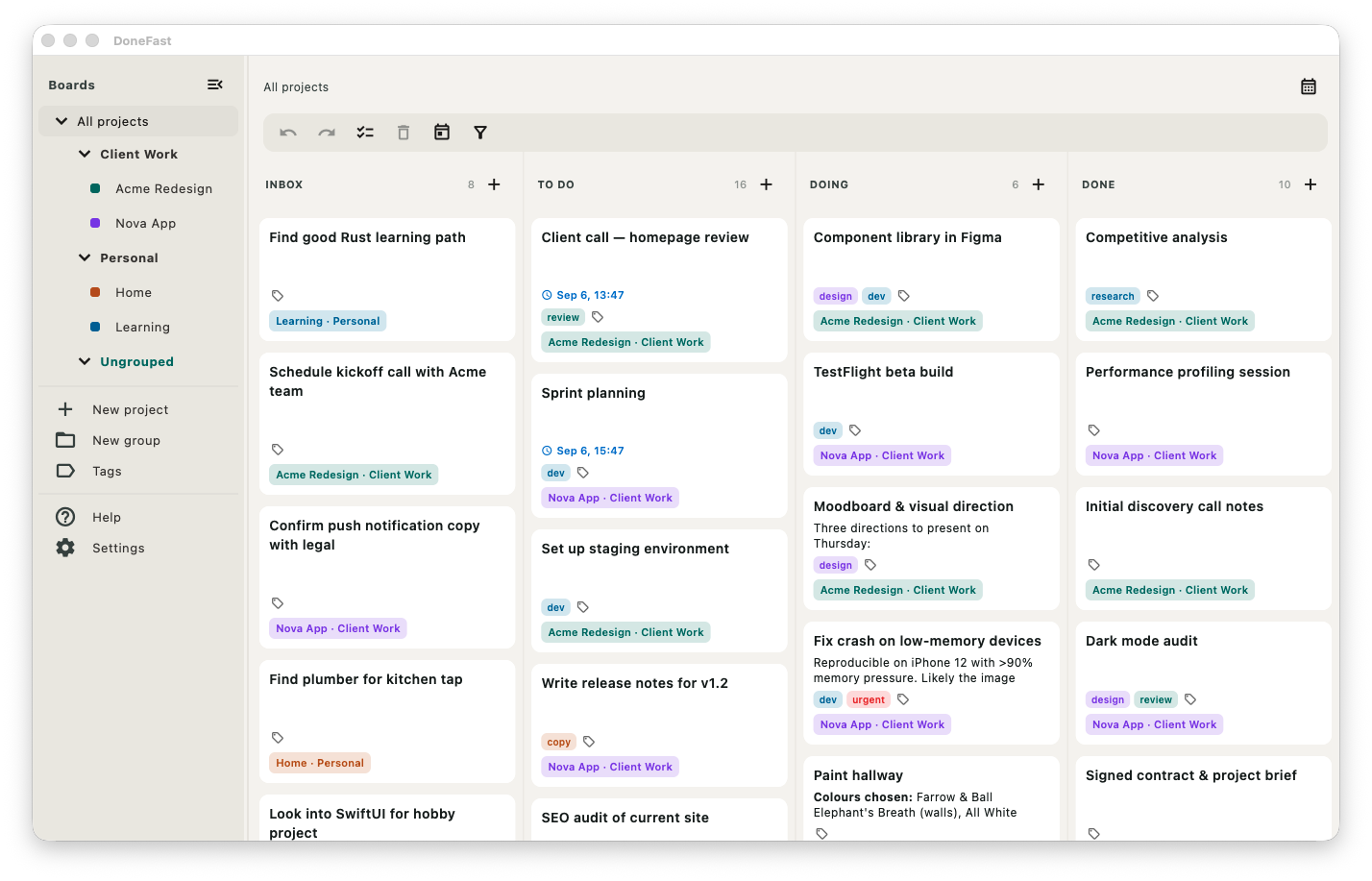 DoneFast all projects view showing tasks from every project in one board