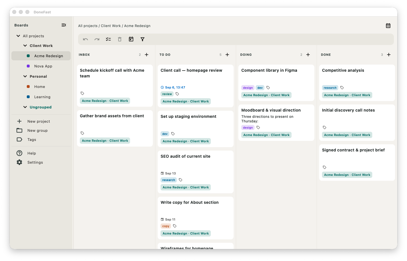 DoneFast kanban board showing Inbox, To do, Doing, and Done columns across all projects