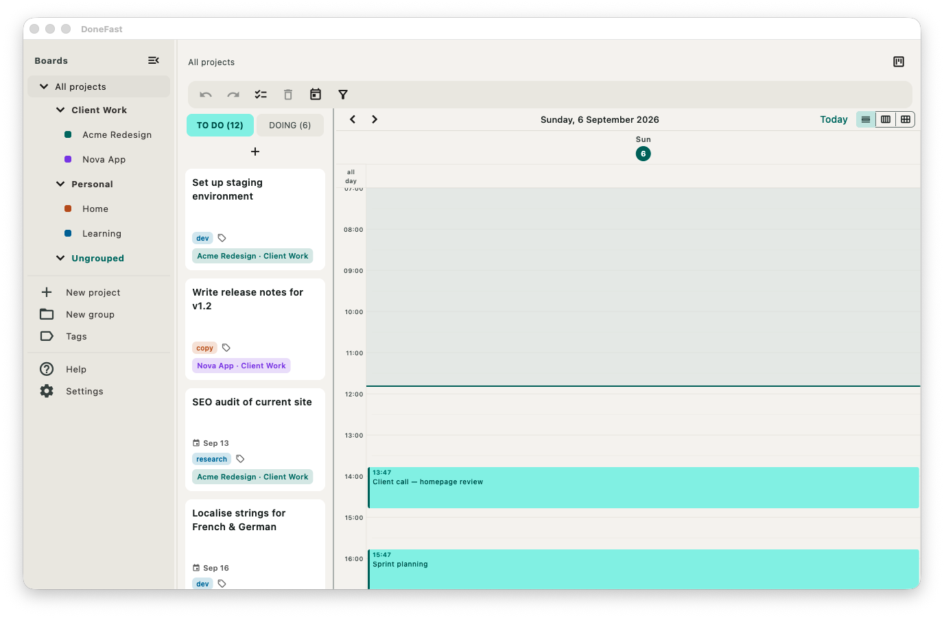 DoneFast calendar view showing scheduled tasks
