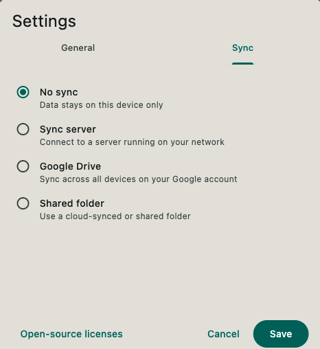 DoneFast Settings — Sync tab showing No sync, Sync server, Google Drive, and Shared folder options