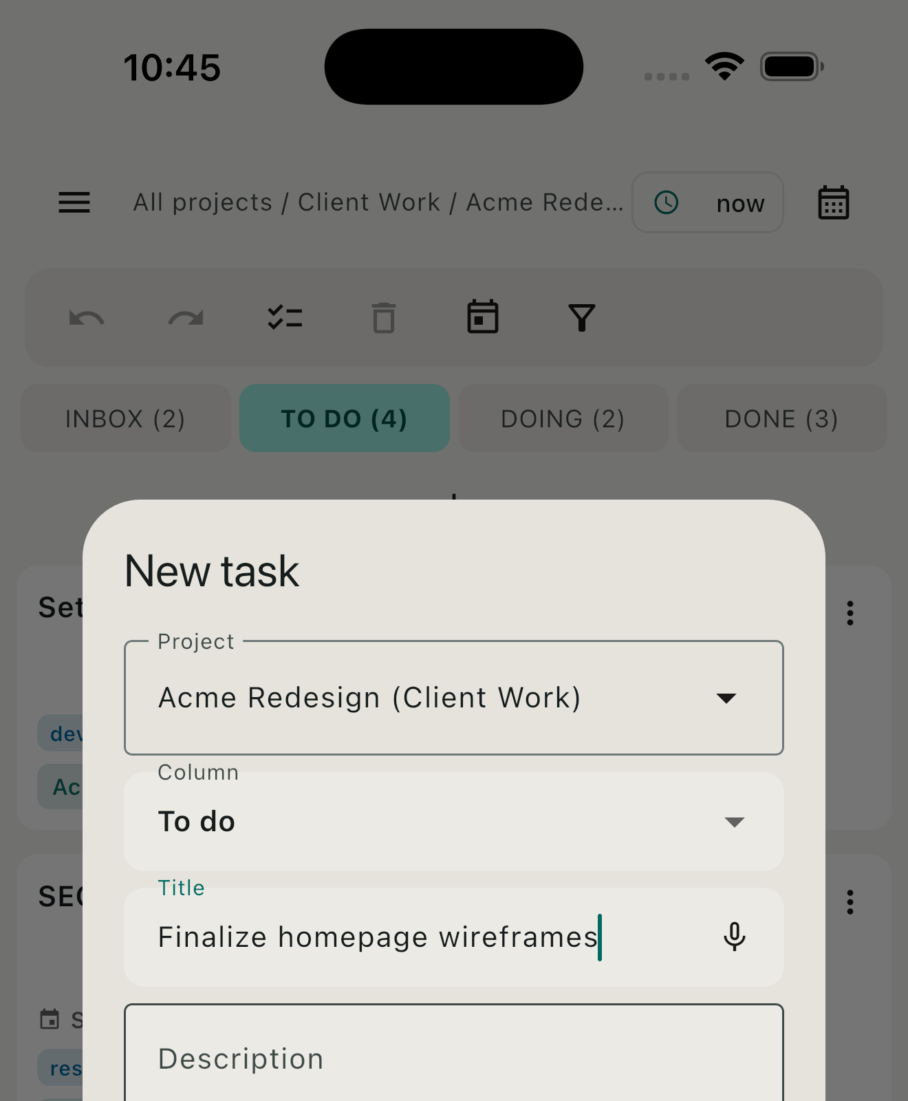 DoneFast task detail sheet on iPhone